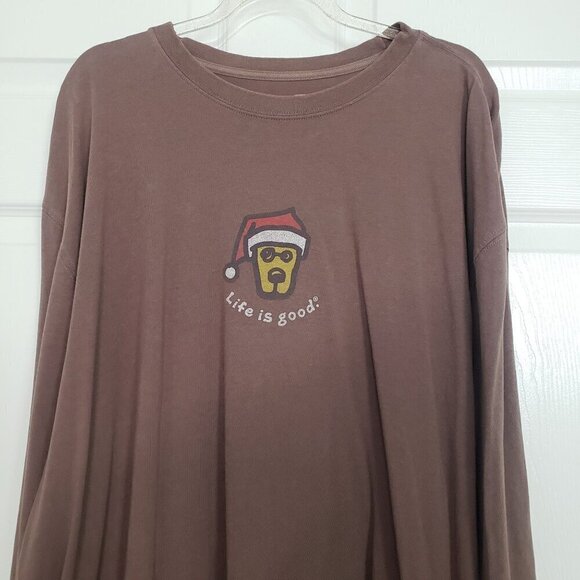 Life is Good Dog Santa Shirt Yellow Lab Cotton Brown Long Sleeve Mens Size XL - Picture 2 of 11
